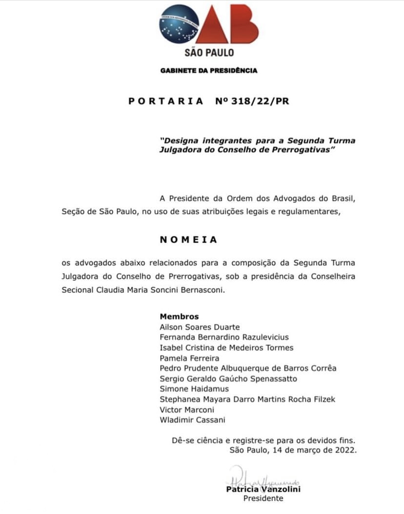 Portaria/Designação - Conselho de Prerrogativas (2022/2024)